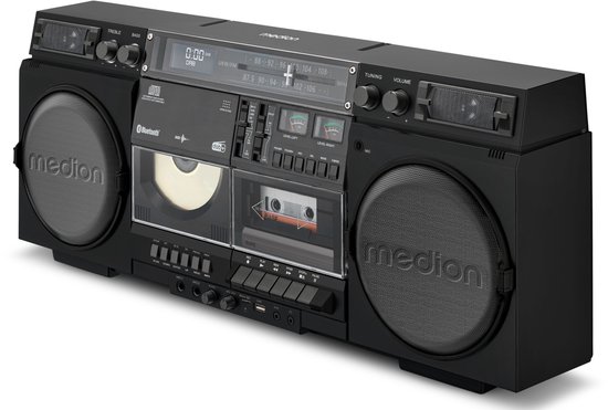 MEDION P66538 Cassetterecorder (retro boombox met cd-speler, jaren 80, groot, USB, SD, cd, cassette MC, DAB+ radio telescopische antenne, Bluetooth, cassettedeck, opnamefunctie, werkt op batterijen)