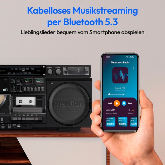 MEDION P66538 Cassetterecorder (retro boombox met cd-speler, jaren 80, groot, USB, SD, cd, cassette MC, DAB+ radio telescopische antenne, Bluetooth, cassettedeck, opnamefunctie, werkt op batterijen)