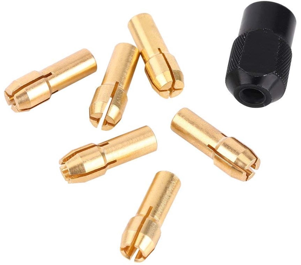 Dailygoods- Collet Chuck Sleeves Set van 7 - M8 x 0,75 mm Moer - Kerngrootte 1/1,6/2/2,4/3/3,2 mm - Messing/Koolstofstaal - Geschikt voor Rotary Tools - Handig Laden en Lossen - Boorkoppen