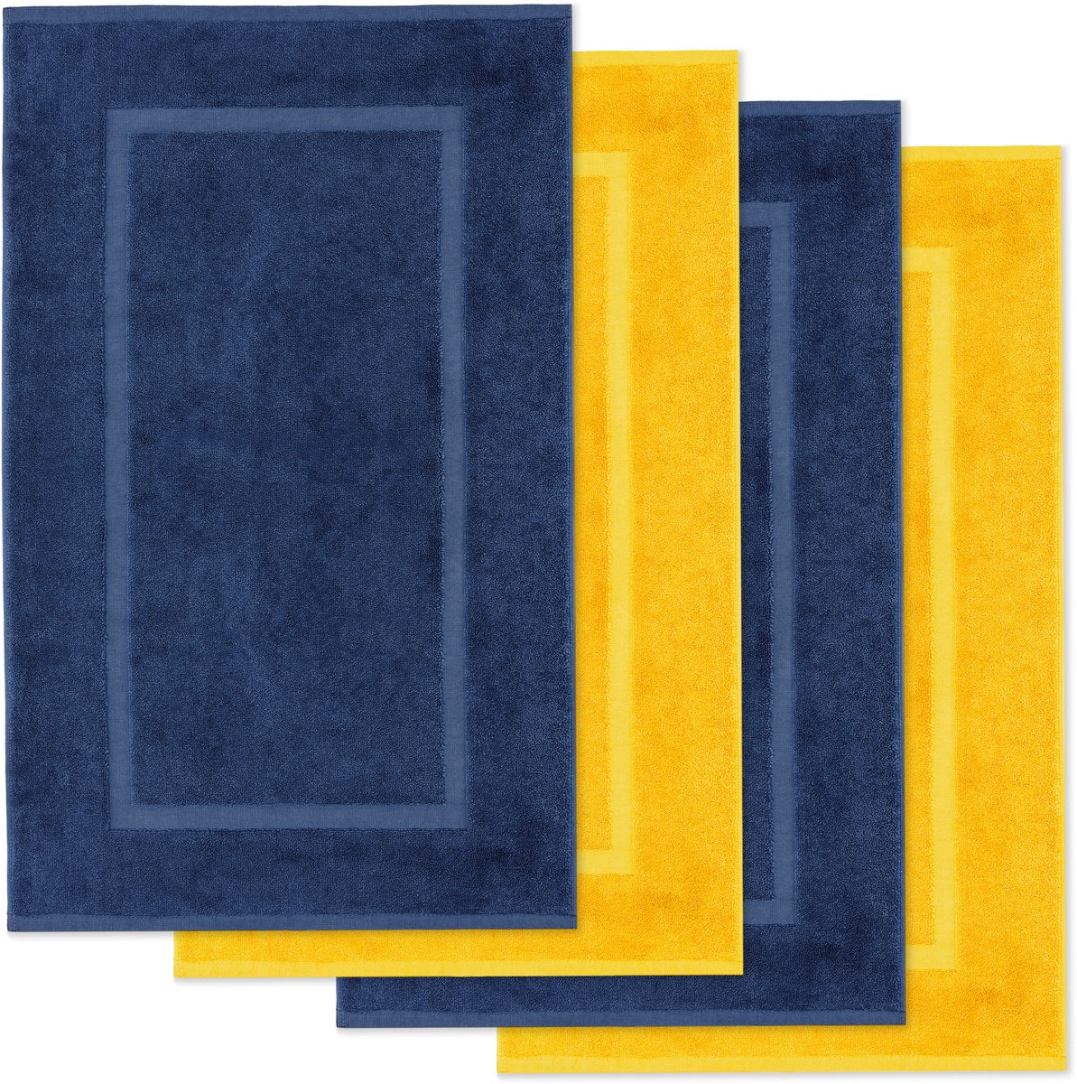 Lavea® Set van 4 Badmatten 50x80 cm Zacht en Absorberend – 100% Katoen, Wasbare Badkamermatten – Ideaal als Douche- of Badmat - Marineblauw en Koolzaadgeel