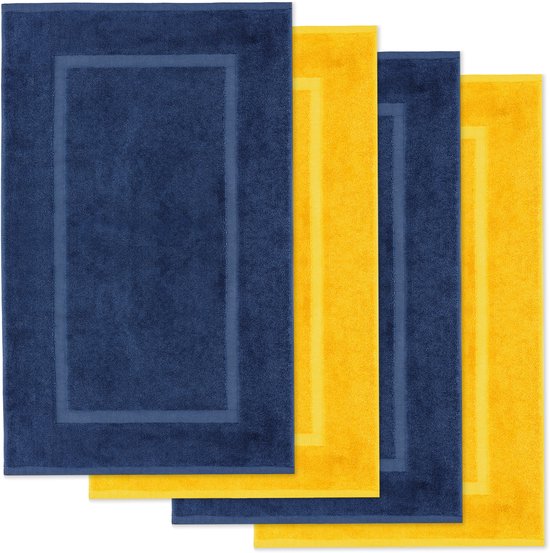 Lavea® Set van 4 Badmatten 50x80 cm Zacht en Absorberend – 100% Katoen, Wasbare Badkamermatten – Ideaal als Douche- of Badmat - Marineblauw en Koolzaadgeel