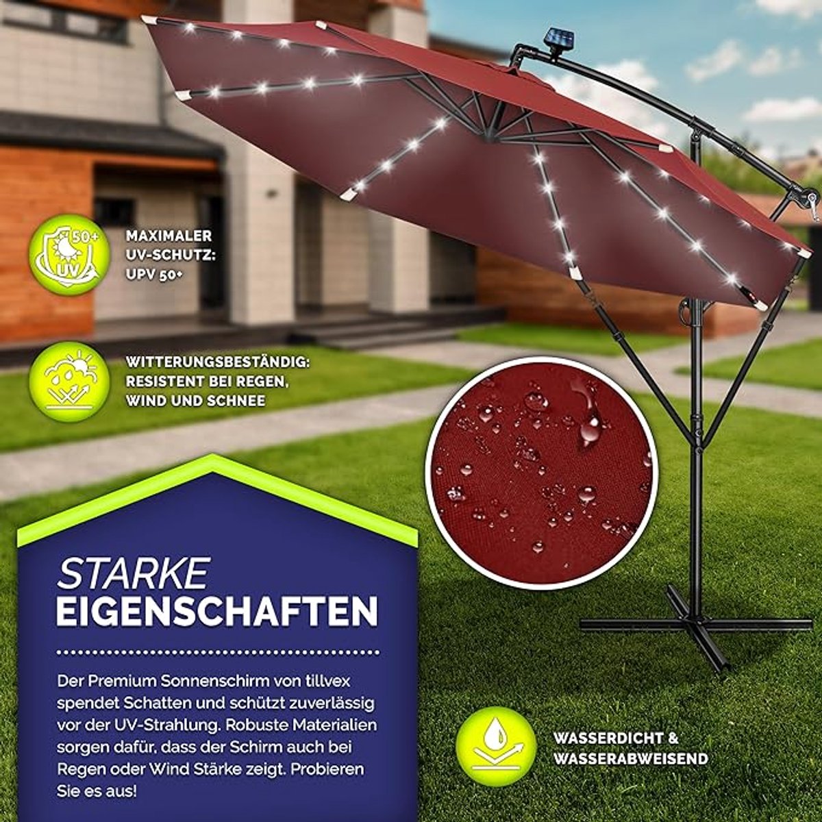 Luxe Solar LED Zweefparasol 300 cm – Aluminium Tuinparasol met 32 LED Lampen, Zwengel, Kantelbaar, UV50+ Bescherming & Waterafstotend – Inclusief Standaard