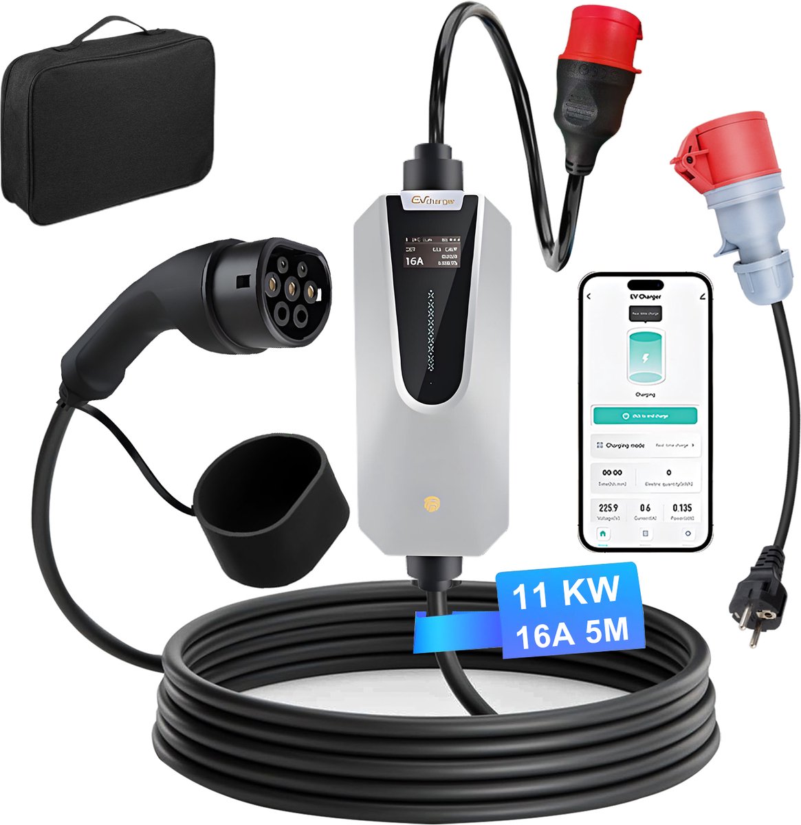 Hexinex - Mobiele Thuislader 11kW - CEE naar Type 2 stekker EV oplader - 5 meter Laadkabel - 6A/8A/10A/13A/16A Huidige instelling - 3 fase met LCD Display App controle