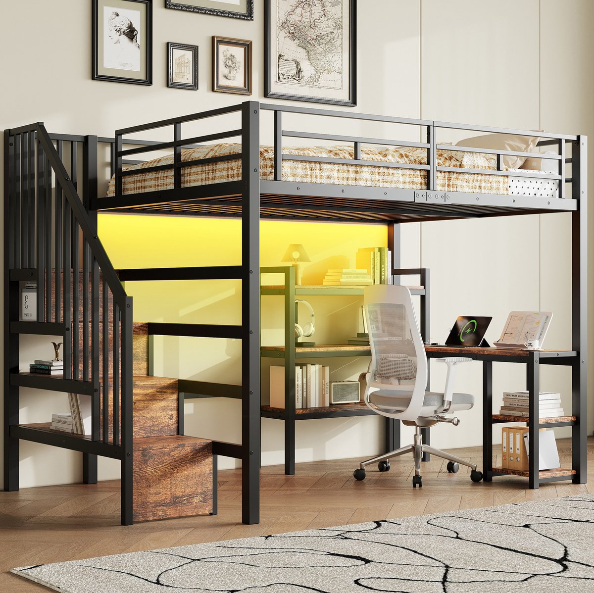 HAUSS SPOLE Metalen Hoogslaper 140x200 cm - Met Bureau, Trapkast, Ledverlichting en Oplaadpunt - Zonder Matras - Zwart