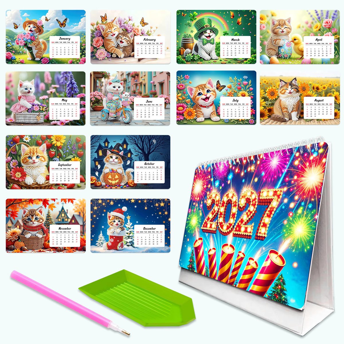 Kalender 2027 - Katten - 007 - compleet pakket - Diamond painting by Wietske