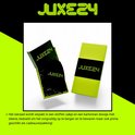 JUXE24 logo op zwarte en limegroene verpakking, met stoffen zakje en doosje.