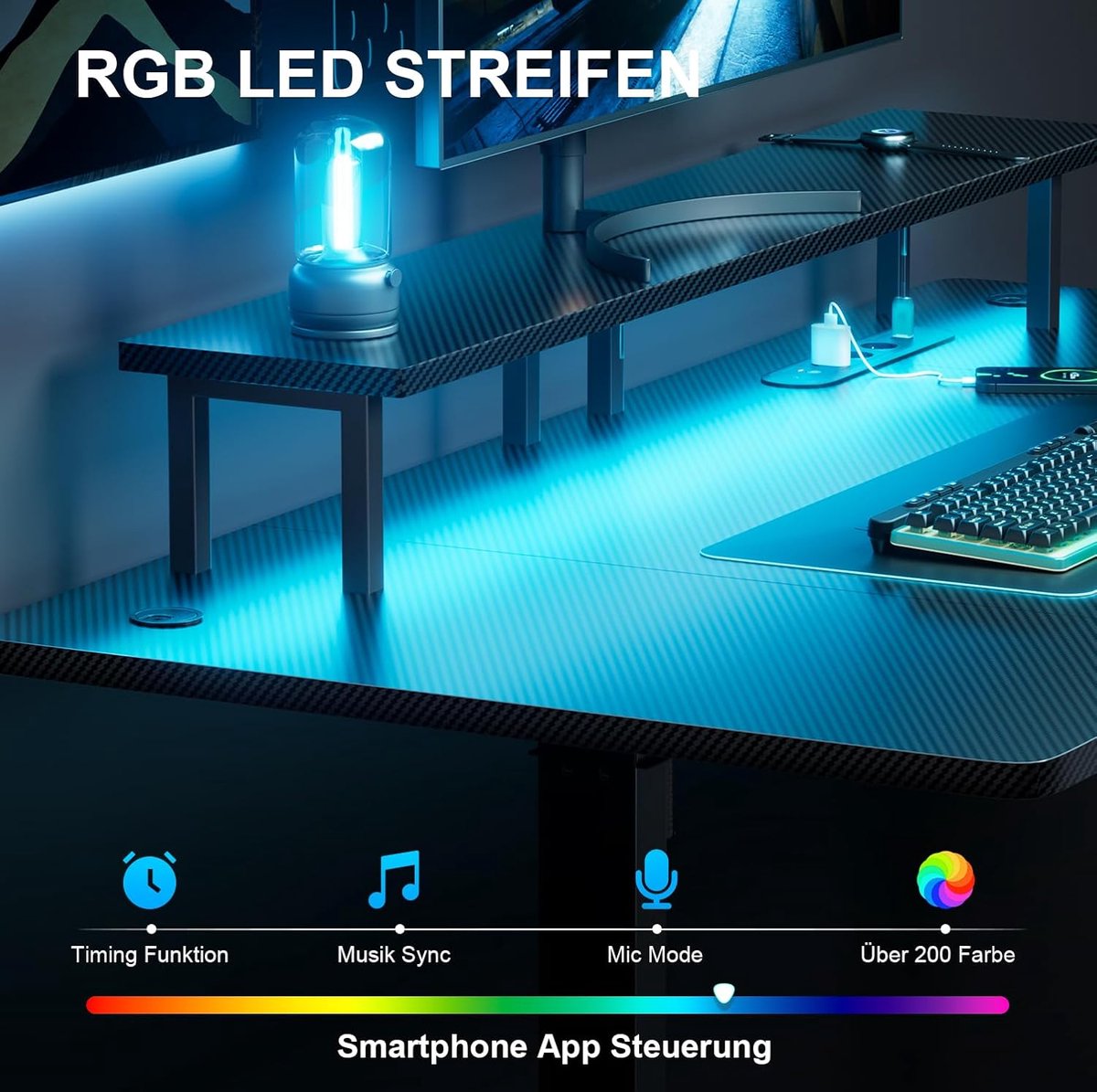 GameDesk Nova RGB Pro Elektrisch Zit-Sta Bureau 160 x 60 cm met LED-Verlichting, Monitorstandaard, 3 Stopcontacten, 2 USB-Poorten, Geheugenfunctie en Gaming Werkstation Zwart
