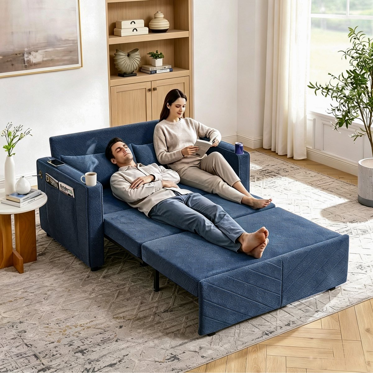 Slaapbank 2-Zits - Uitschuifbaar Bankbed Met USB - Marineblauw - 3-In-1