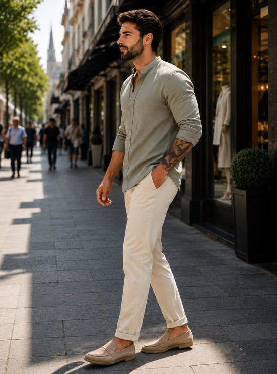 Man loopt over straat, profielaanzicht, draagt een lichtgroene linnen blouse en beige broek.