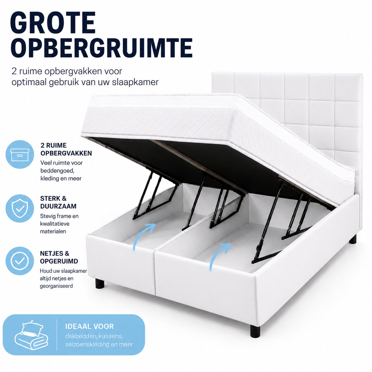 Maan matras ® Boxspring 180x200 | Inclusief Matras & Topper | Wit gestoffeerd | bed | boxspring met opbergruimte | Boxspring compleet thumbnail 4