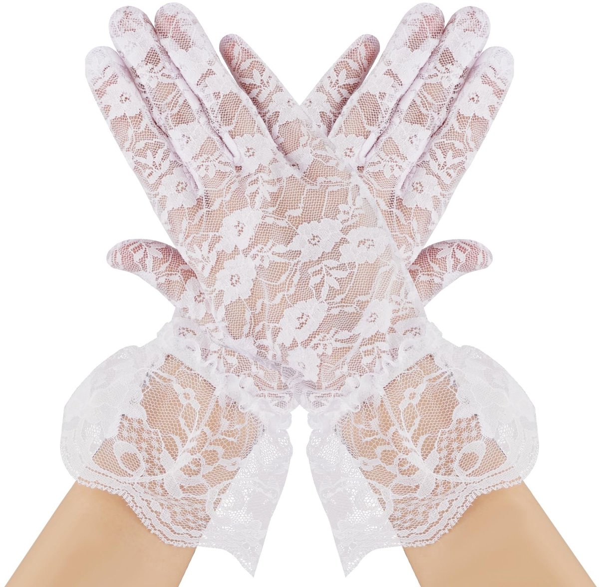 Dailygoods- Handschoenen Dames Elegante Kanten - Witte Bloemen - Theeparty's - Bruiloft - Halloween - Universele Maat - Feesthandschoenen