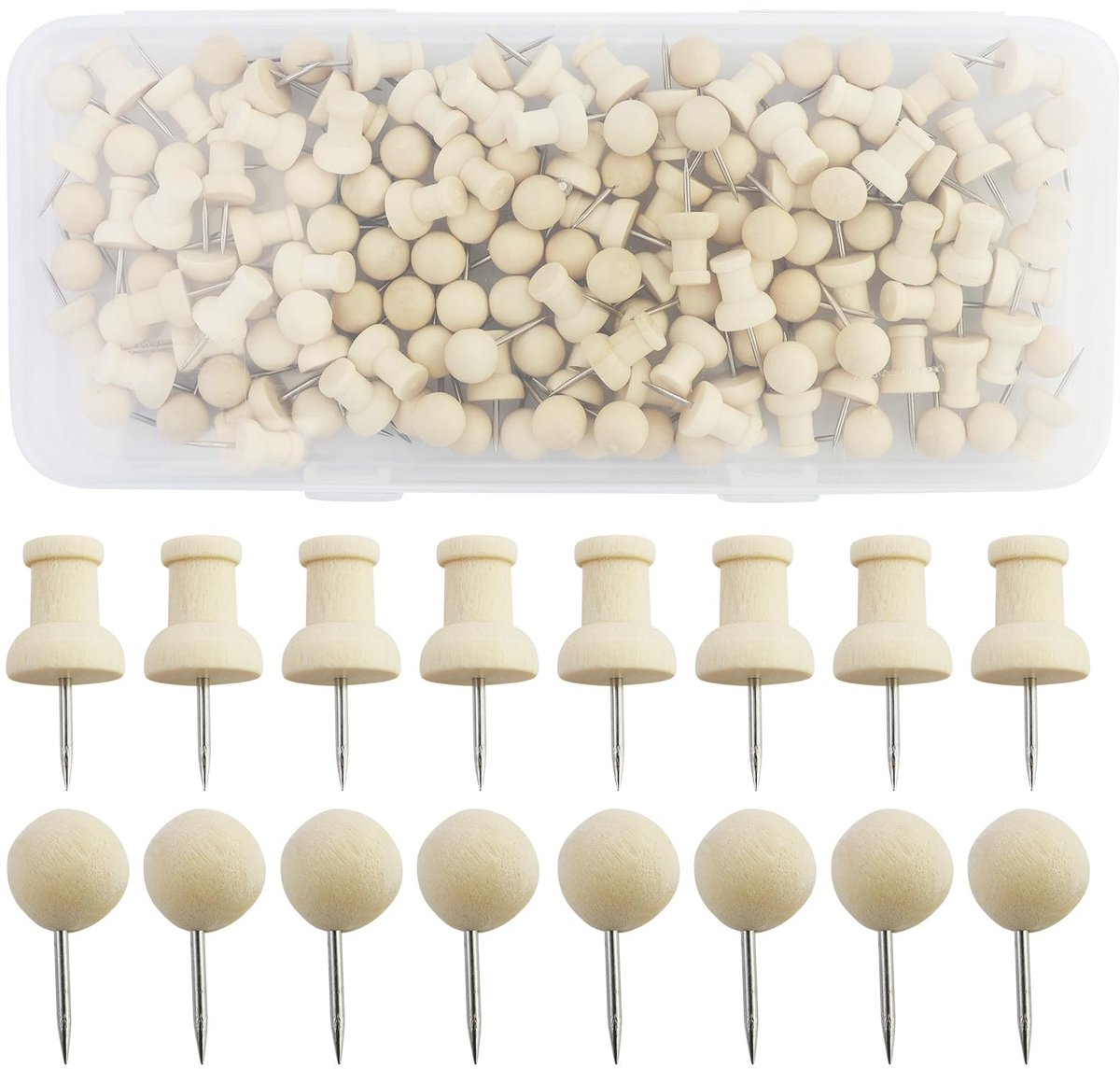 Dailygoods- Houten Tekenspelden 140 Stuks - Prikbordnaalden - Punaises voor Foto's/Kalender/Kaart - Lichtgewicht - Opbergdoos - Robuust Materiaal