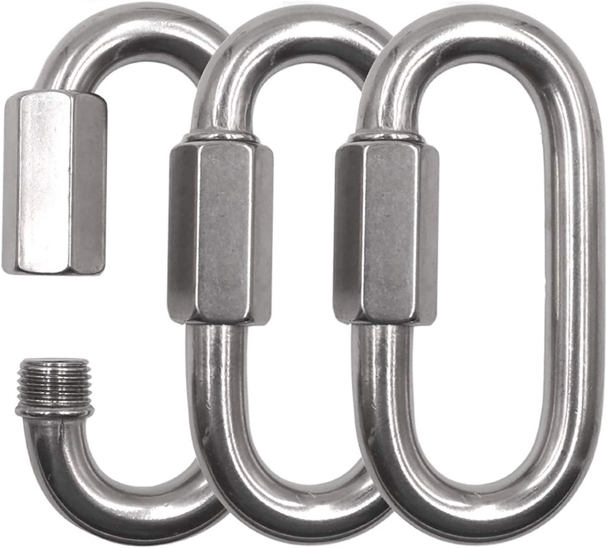 Dailygoods- Schroefkarabijnhaak 3 Stuks - Roestvrij Stalen Kettingschakel - Maximale Belasting 350 kg - Eenvoudig te Bedienen - Afmetingen 75 x 8 mm - Universeel Bruikbaar