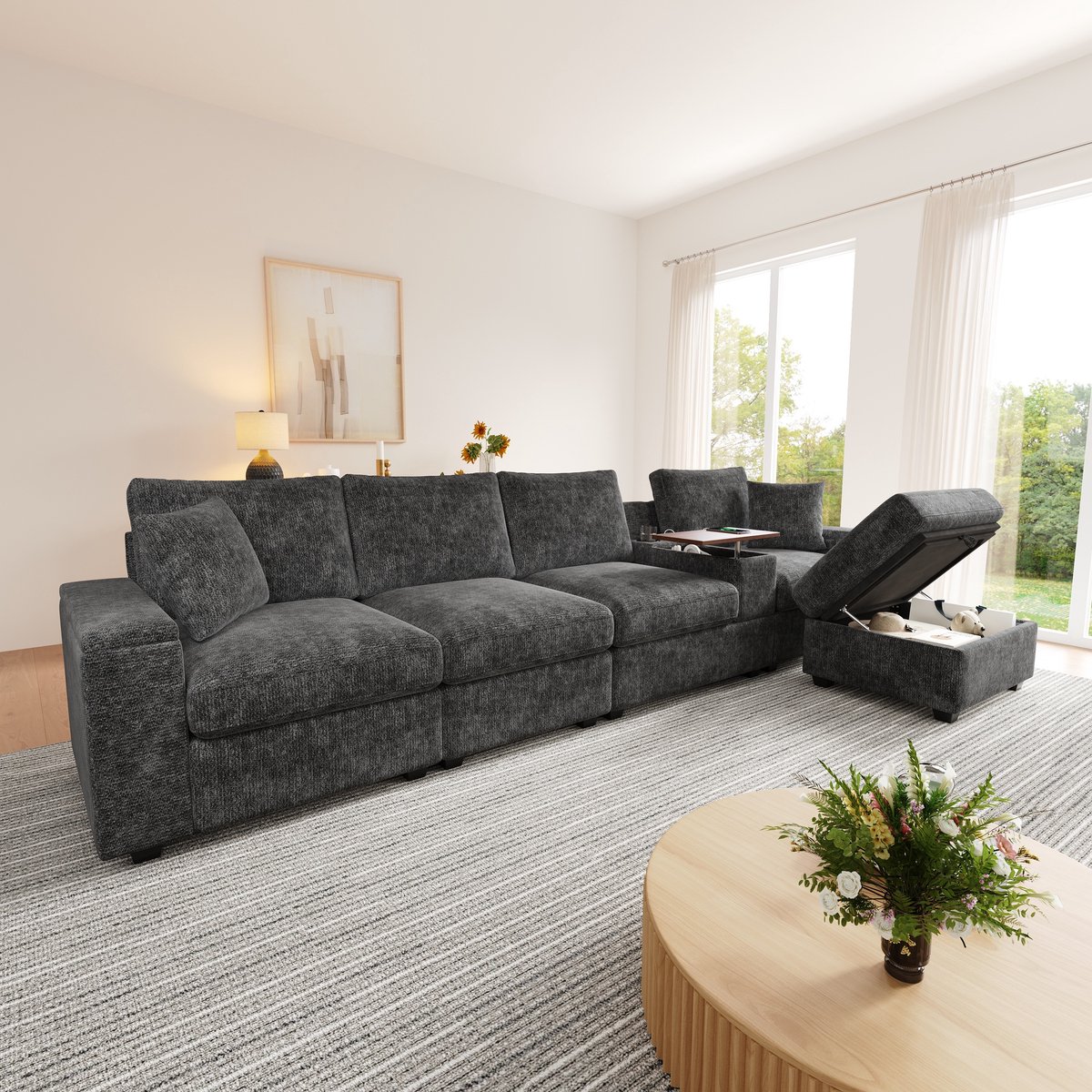 FloraGrace Hoekbank 313 x 147 x 82 Cm - Modulaire 5-Zits Met Opbergruimte, USB En USB-C, Bekerhouders En Draaibare Tafel - Chenille - Grijs