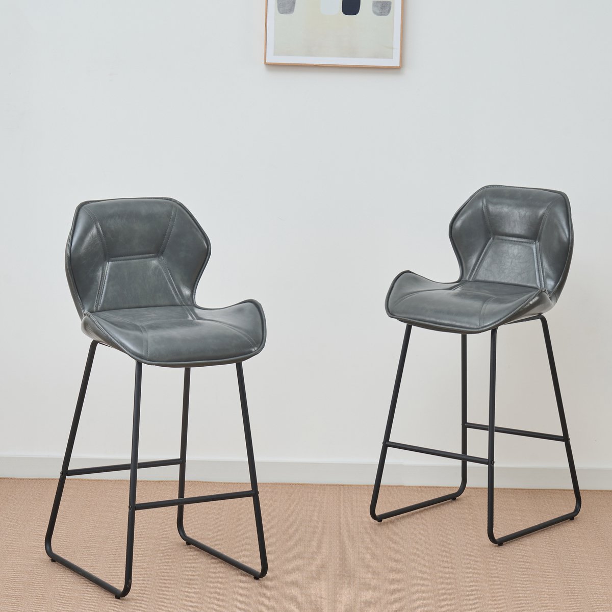 Wishdor Barstoelset - Met Rugleuning En Voetensteun - Modern Ontwerp - Metaal En Imitatieleer - Grijs - Set Van 2