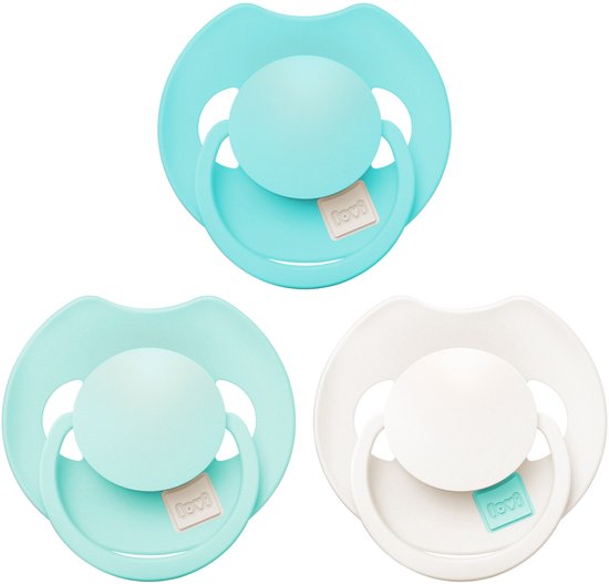 Trois sucettes difrax LOVI vert d'eau et blanches.