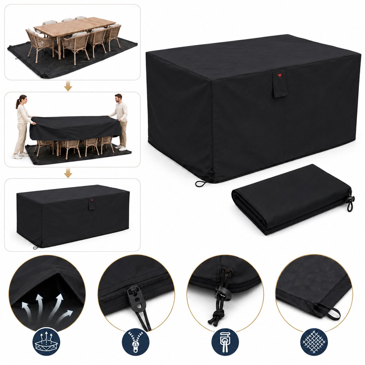HOME It Tuinmeubelhoes - Waterdicht - 600D Oxford - UV-bestendig - Met Ventilatieopeningen & Opbergtas - 210 x 155 x 95 cm - Zwart