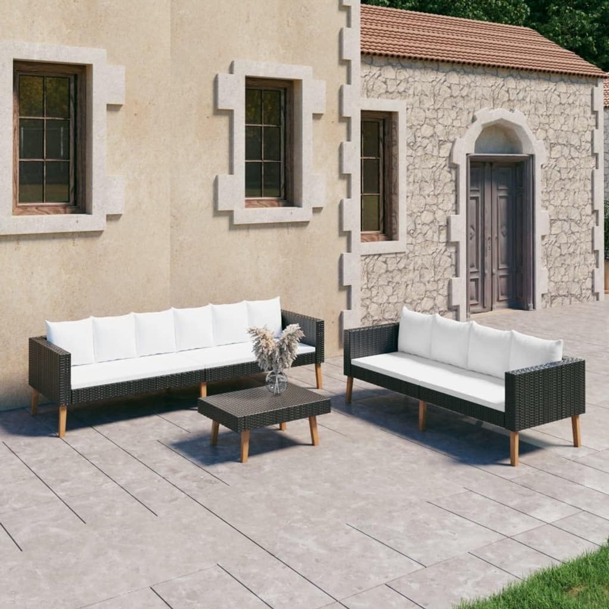 Arezzo Luxe 3-Delige Poly Rattan Loungeset met 3-Zits Bank, 2-Zits Bank en Salontafel met Kussens Zwart