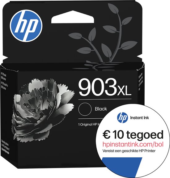 HP 903XL zwart inktcartridge verpakking met een bloem en "€10 tegoed HP Instant Ink" cirkel.