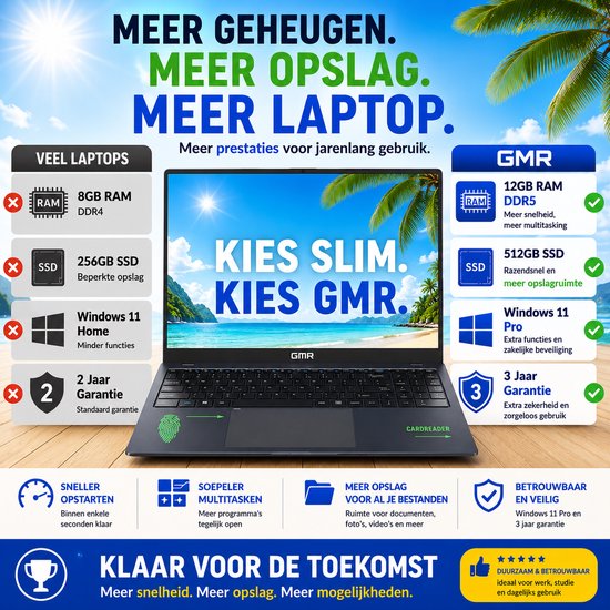 GMR laptop met 15.6" Full HD IPS scherm, 12GB DDR5 RAM, 512GB SSD, Windows 11 Pro en 3 jaar garantie.