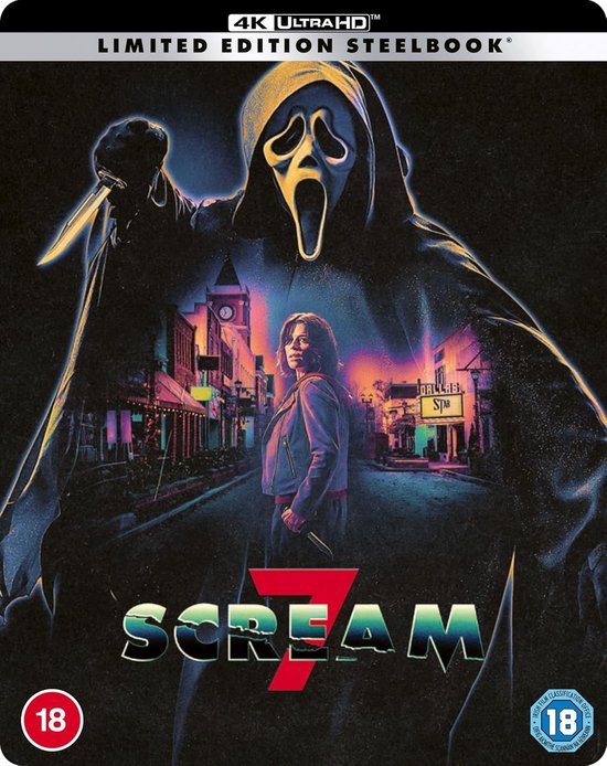Scream 7 Limited Edition Steelbook 4K UHD. Ghostface nadert een vrouw in een stad.