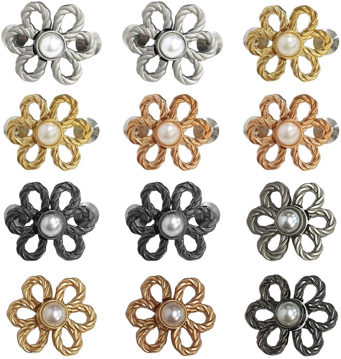 Dailygoods- Bloemenbandknopen 12 stuks - Naadloze Tailleknopen - Naaiknopen - Vaste Broekklemmen - Broekhoofdspanners - Legering 2,6 x 3 cm - Taillegesp
