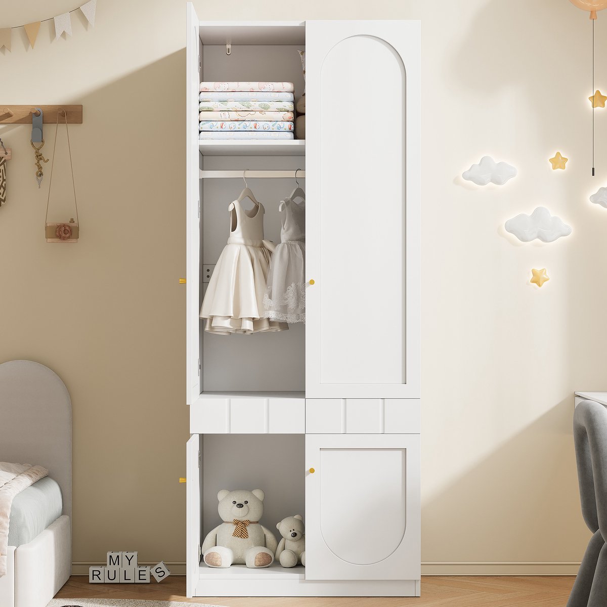 REDOM Kledingkast - Met Dubbele Deuren en Lades - Modern - Slaapkamer - MDF - Wit - 80 × 50 × 200 cm