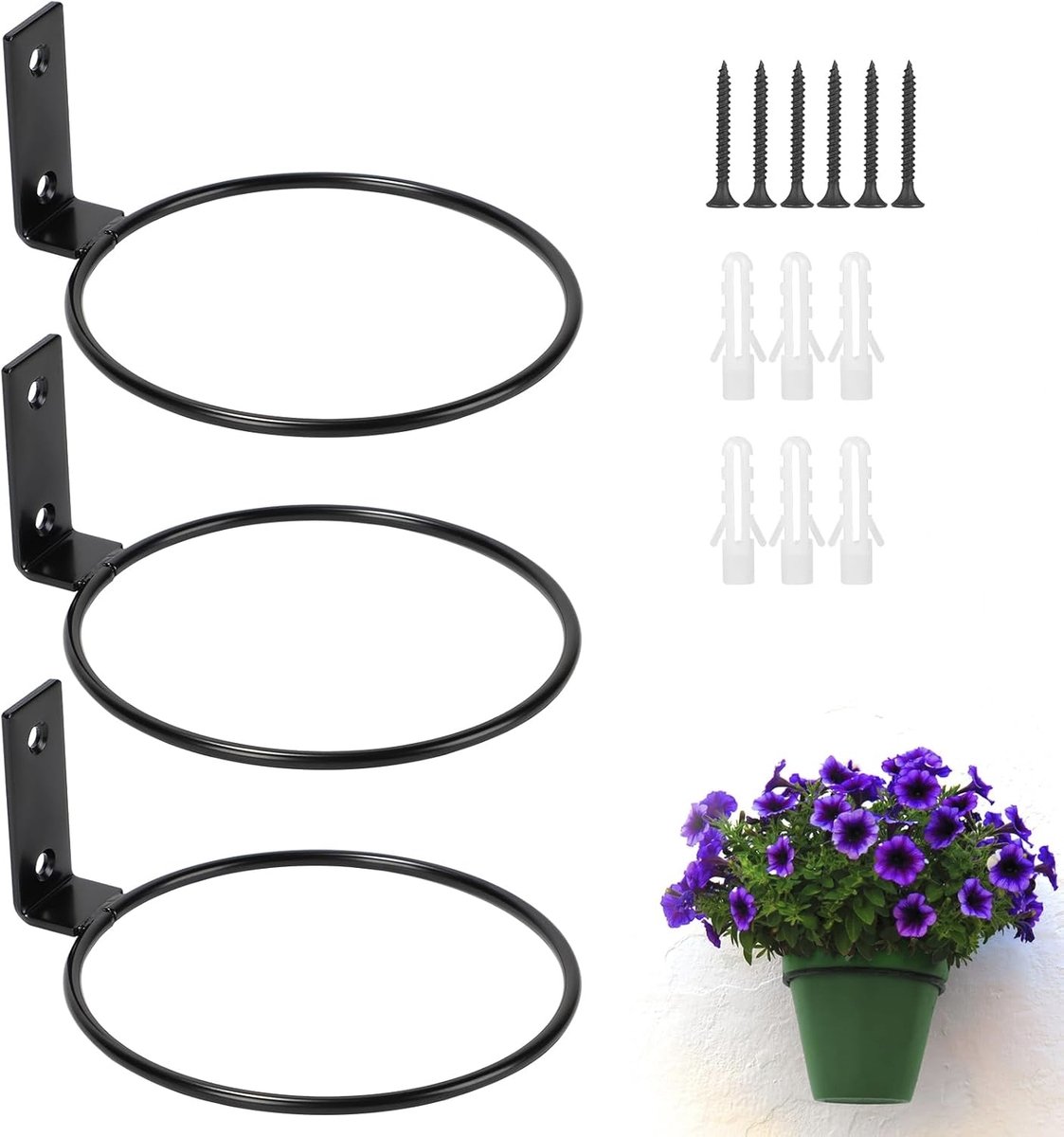 Wandhouder Set - Blumentopf Houder Metaal - 3 Stuks 12,5 cm - Verstelbaar Design met Schroeven - voor Balkon Tuin en Woonkamer - Zwart