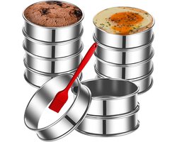 Muffinringen - 12 Stuks - Taartringen - Bladerdeegringen - 10 x 10 x 2,5 cm - RVS - Met een oliekwast - Anti-aanbak - Scone Ringen - Mousse ring cakevorm - Cakeringen - Bakvormen - Geschikt voor Taarten, Gebak, Koekjes en Sandwiches - Zilver