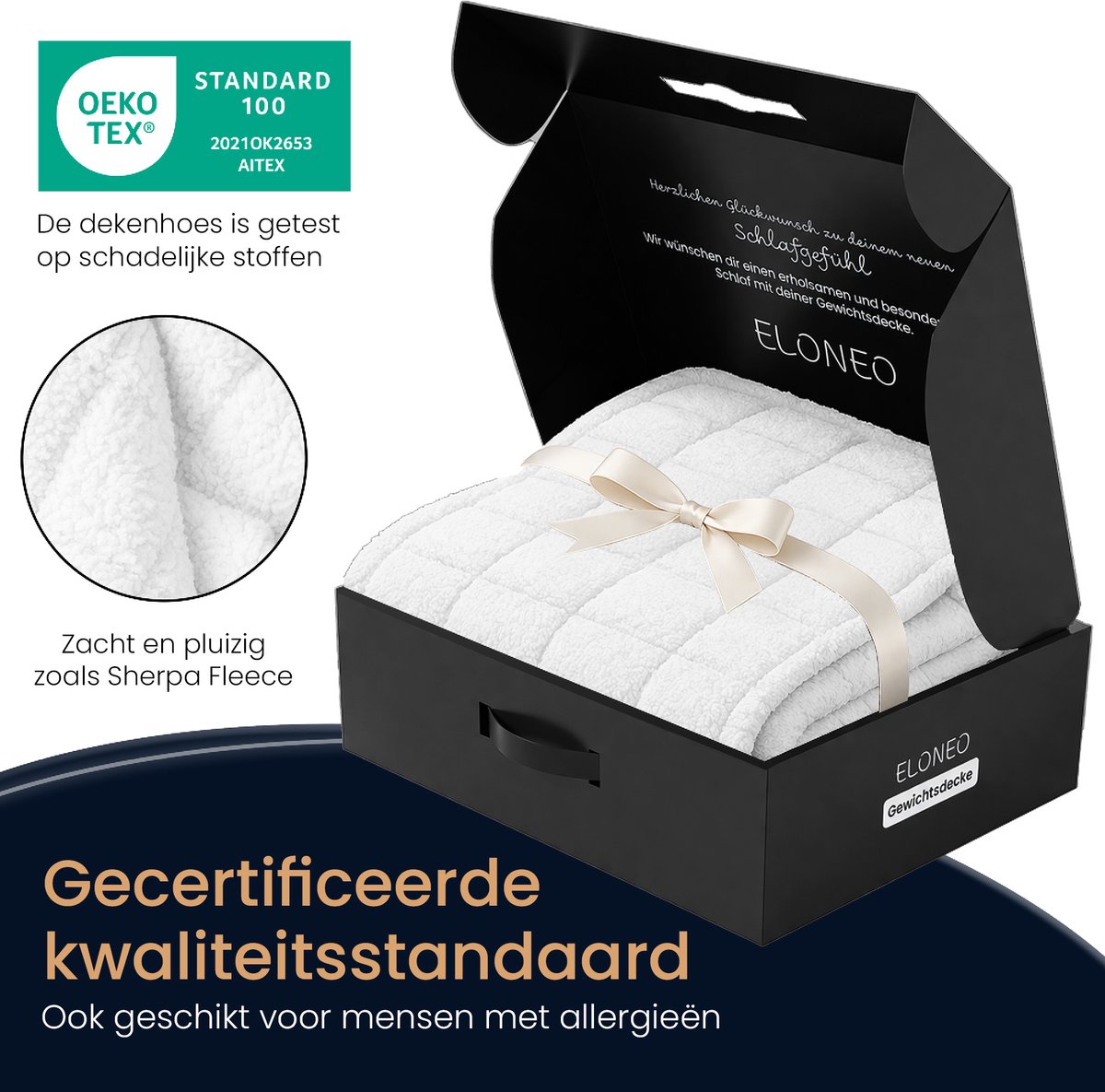 ELONEO Verzwaringsdeken Fleece & Sherpa 7 kg - Weighted Blanket met gelijkmatige gewichtsverdeling - Zachte knuffeldeken voor volwassenen - 135x200 cm - Wit Wit - 7kg