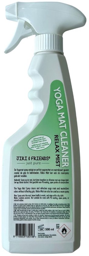 Flacon spray Jiri & Friends Yoga Mat Cleaner Relax Mist avec inscription blanche et verte. Contient 500 ml.