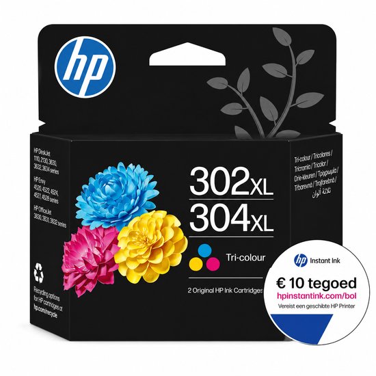 HP 302XL en 304XL Tri-colour inktcartridge verpakking met bloemmotief en "€ 10 tegoed" aanbieding.