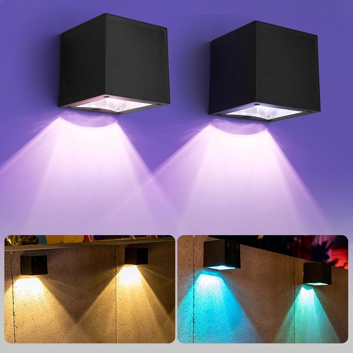 Verlichting voor Buiten: 2 Stuks Solar Wandlampen met Warm Wit en Kleurverandering, IP65 Waterdicht, Tuin, Terras en Trappen