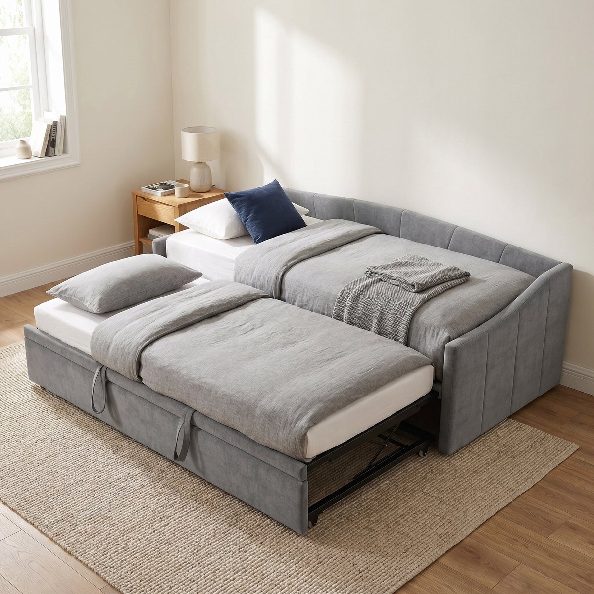 Bedbank - Uitschuifbed - Slaapbank - Daybed - 90x200/180x200 cm - Fluwelen bed - Grijs