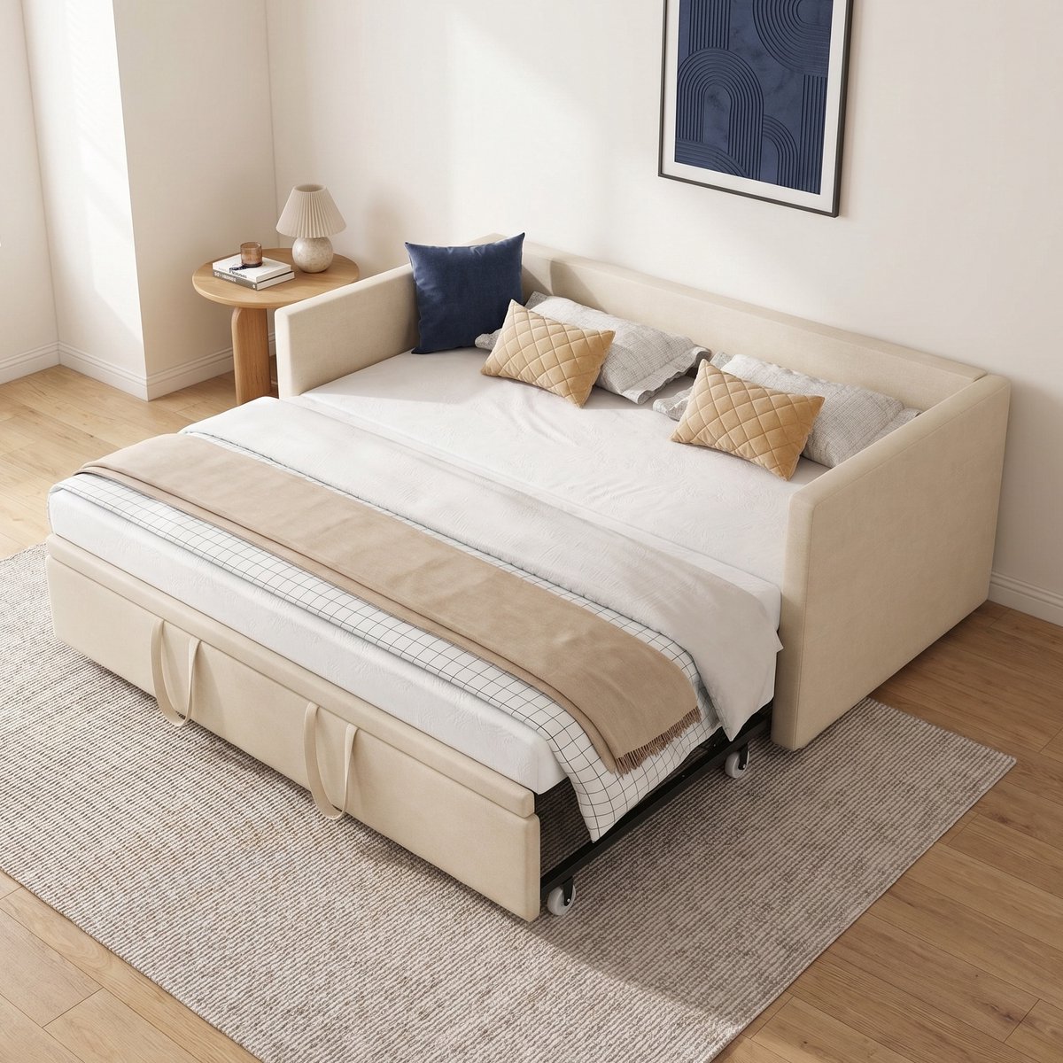 Bedbank - Uitschuifbed - Slaapbank - Daybed 90/180x200 cm - Fluwelen bed - Beige