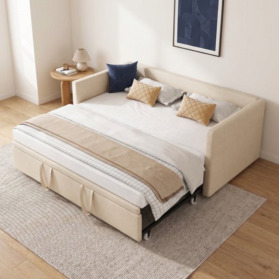 Bedbank - Uitschuifbed - Slaapbank - Daybed 90/180x200 cm - Fluwelen bed - Beige