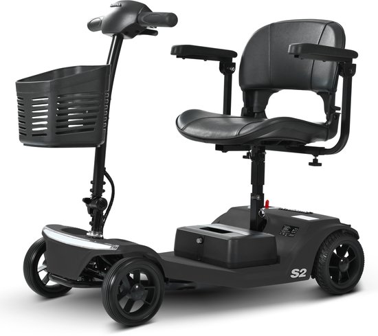 Zwarte scootmobiel met mandje en verstelbare zitting, gezien vanaf de zijkant.