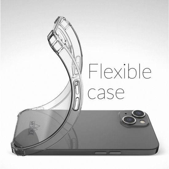 Coque d'iPhone transparente et souple pliée autour d'un iPhone gris foncé. "Flexible case".