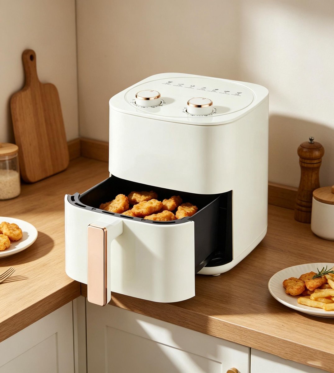 Compacte heteluchtfriteuse van 6 liter met antiaanbaklaag vermindert het olieverbruik met 90% zeven automatische programma's afspoelen is niet nodig voor de reiniging