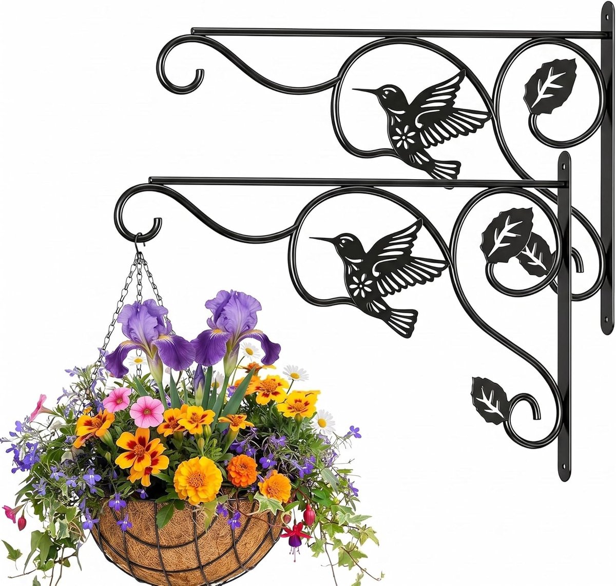 Plantenhangerset - Metalen Muurhaak met Vogel Design - 2 Stuks 30cm - Weerbestendig IJzeren Ophangsysteem - Voor Balkon Tuin en Gevel - Zwart