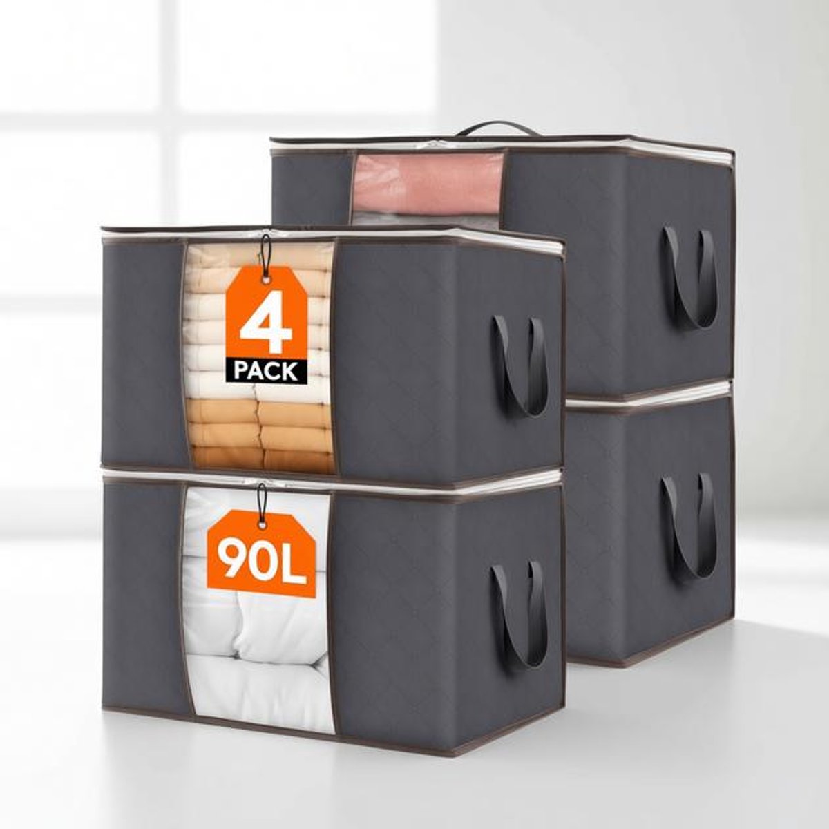 ElleMooi Grote Capaciteit Kleding Opbergtas Organizer Set 4 Stuks - 90L - Versterkte Handvat - Dikke Stof - Opvouwbaar met Stevige Rits - Doorzichtig Venster - Grijs