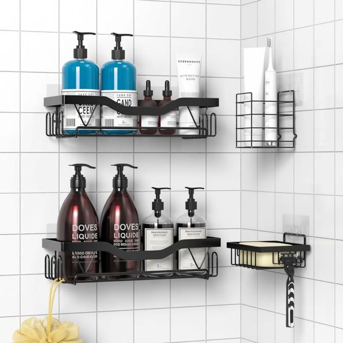ElleMooi Doucherek Zonder Boren 4-Delig - Adhesive Wandmontage Badkamerplank - Badkamer Organizer voor Opslag, Zwart