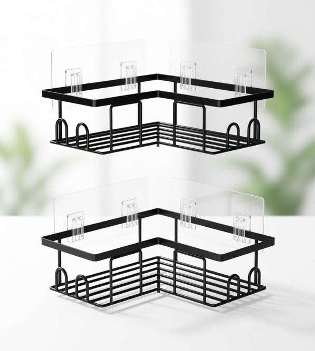 ElleMooi Doucheplank Zonder Boren 2 Stuks - Hoekdouche Caddy Zwart - Zelfklevend Hoekrek Badkamer Opslag - Douchemand Shampoohouder voor Douche