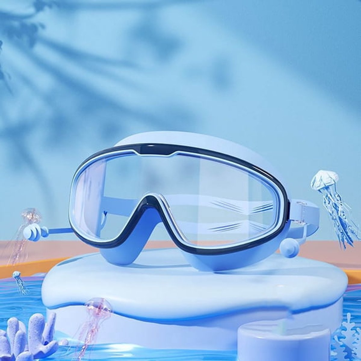 4-delige waterdichte zwembril- en snorkelset voor kinderen met hoge resolutie, geschikt voor kinderen van 6-14 jaar - blauw