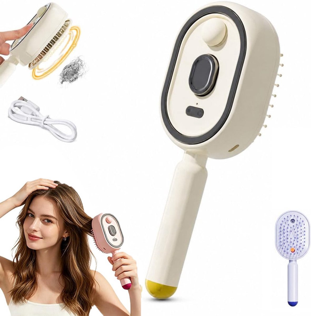 2026 Elektrische Stoomborstel - Oplaadbaar Stoom Haarborstel - Stoom Stijltang Borstel - Ontwarrend - Antistatisch - Pluisbestrijding - Gladde Styling - Thuisgebruik - Reismodel - Haaraccessoires - Voor Krullend, Droog en Klitterig Haar - Beige