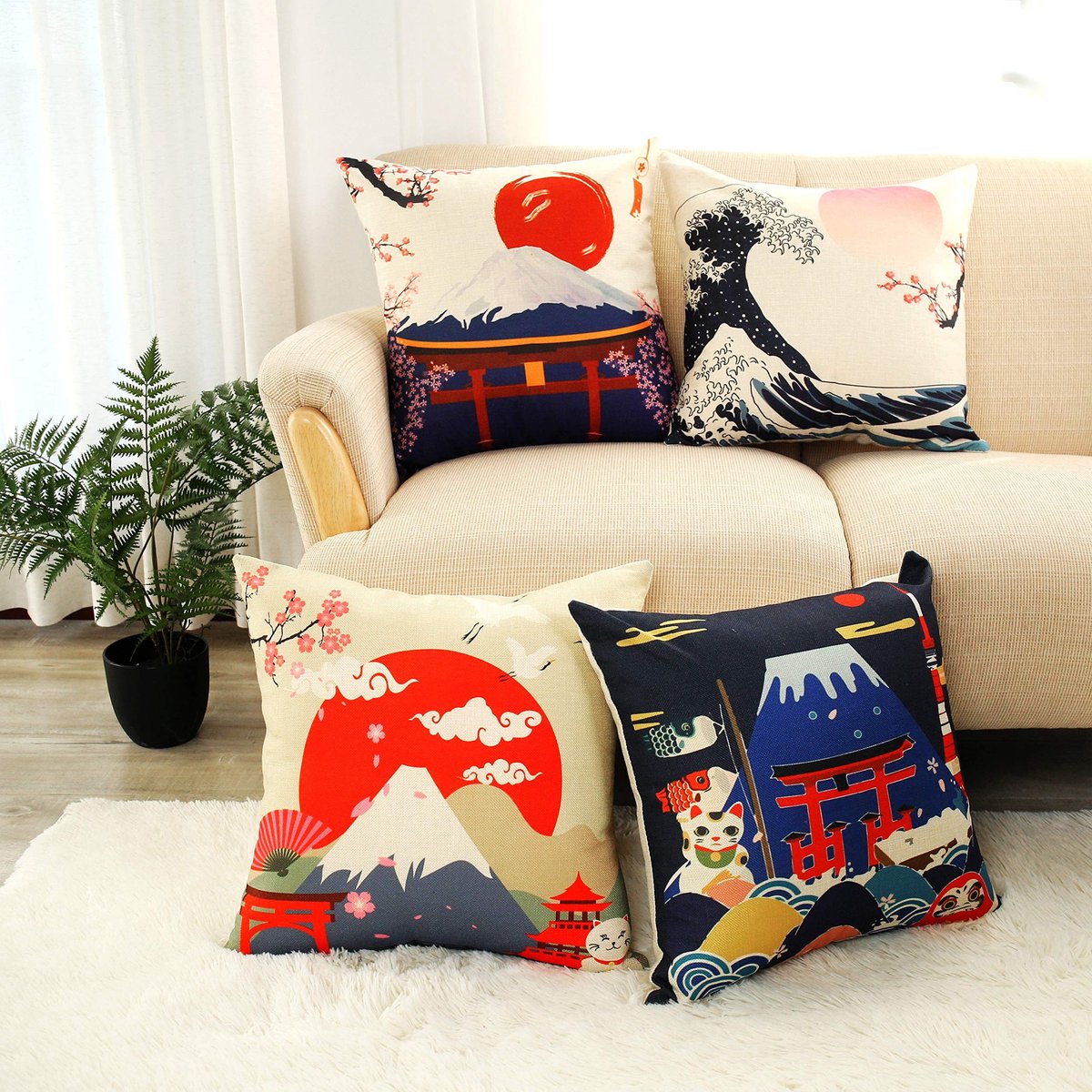 Dailygoods- Kussensloop Japanse stijl - Set van 4 - 45 x 45 cm - Katoen - Milieuvriendelijk - Decoratieve kussenhoezen