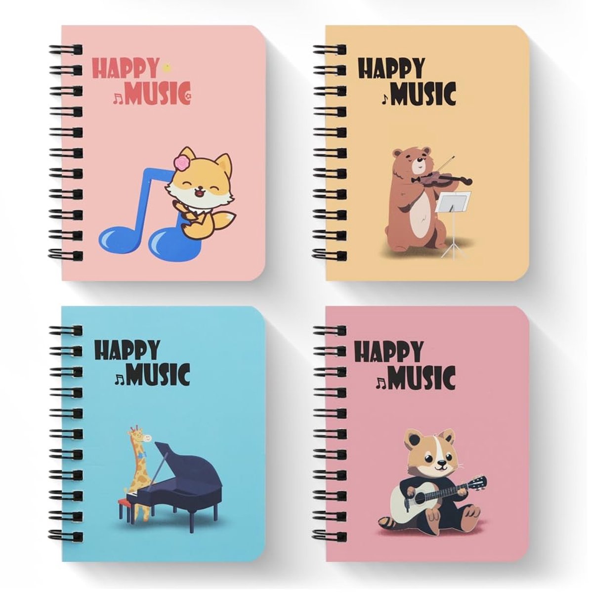 Dailygoods- Notebook A7 Set van 4 - Spiraalbinding - Dierenthema - Cartoon Ontwerp - Robuuste Helix - Draagbaar Schrijfgerei - Notitieboekje