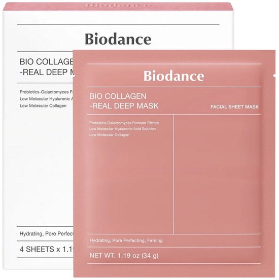 Verpakking van een Biodance Bio Collagen Real Deep Mask, met een roze met witte opdruk.