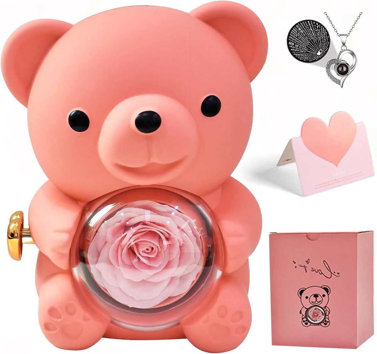 Rozenbeer Cadeau voor Vrouwen, Kerstcadeau voor Moeder, Rozenbeer met Projectie Ketting I Love You in 100 Talen, Perfect voor Verjaardag, Huwelijk en Vriendschap, Roze
