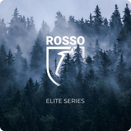 Mistige boslucht met "Rosso Elite Series" logo.